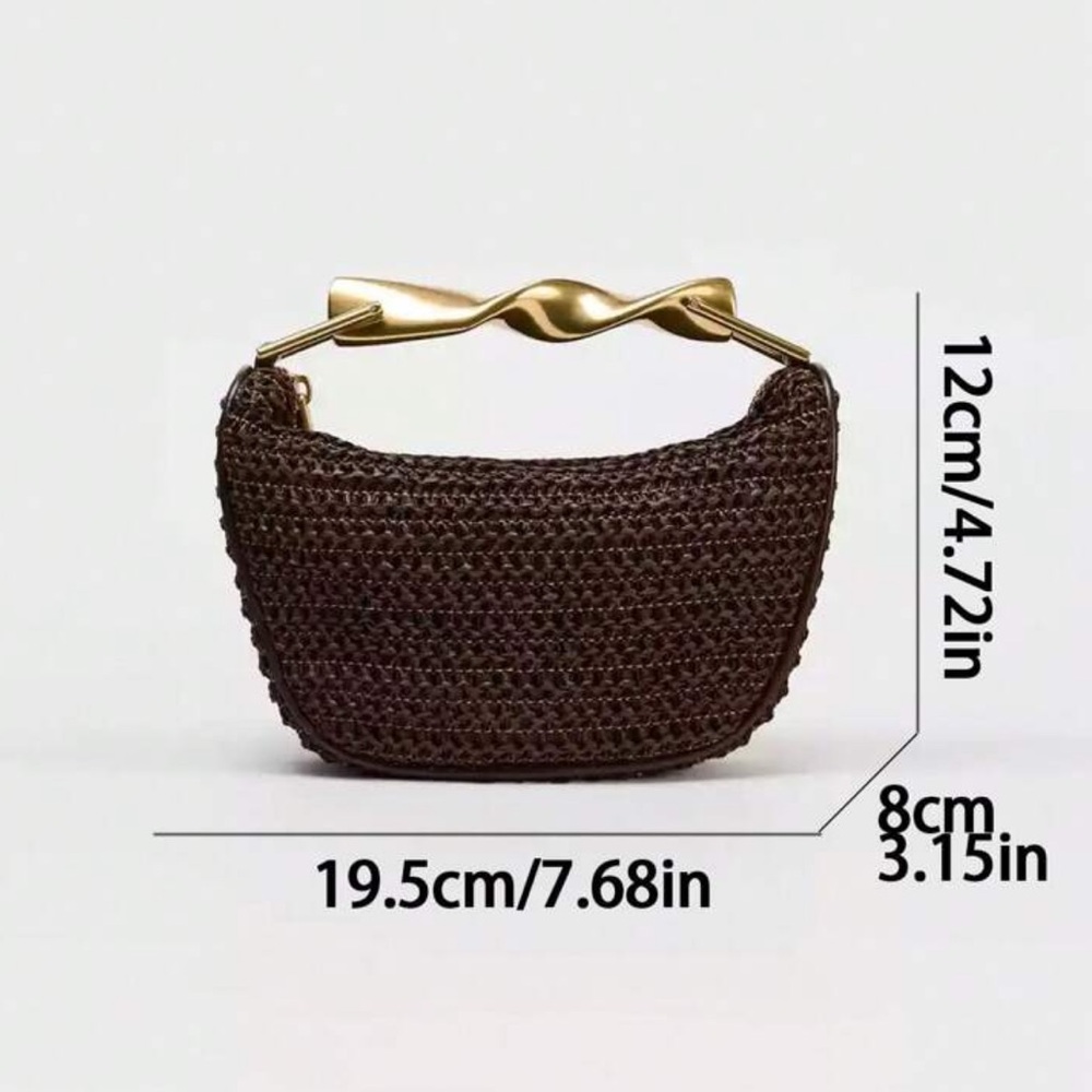 Brown woven crochet summer bag with gold top handle, removable crossbody straps - Picture 6 of 6